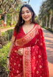Red Organza Floral Dual Zari Woven Saree With Unstitched Blouse