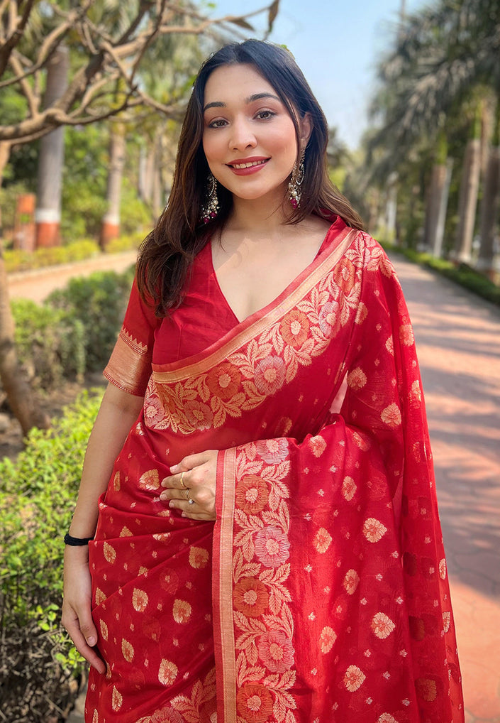 Red Organza Floral Dual Zari Woven Saree With Unstitched Blouse