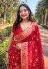 Red Organza Floral Dual Zari Woven Saree With Unstitched Blouse