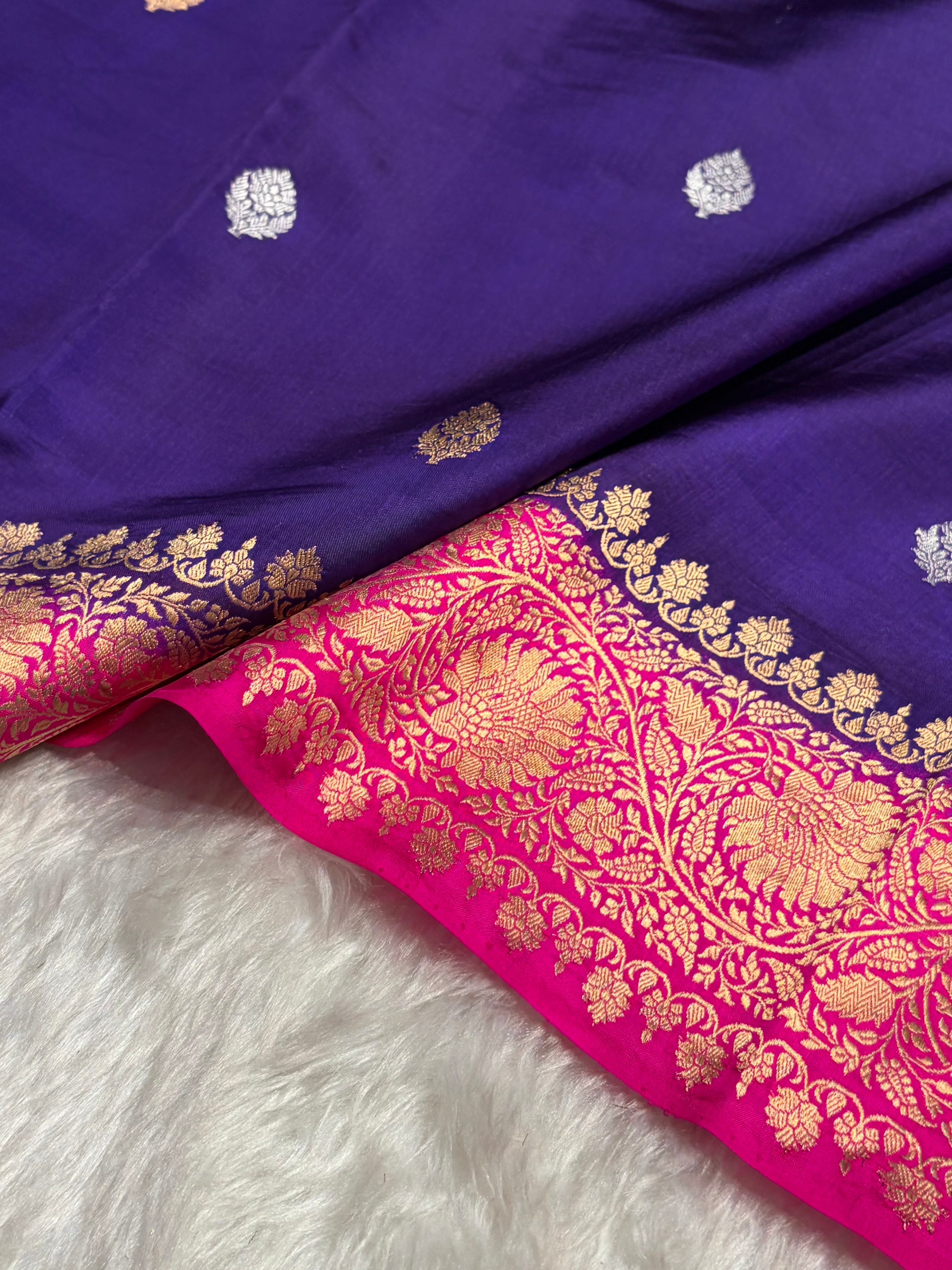 Royal Purple & Rani Pink Contrast Banarasi Silk Saree with Grand Gold Zari Border