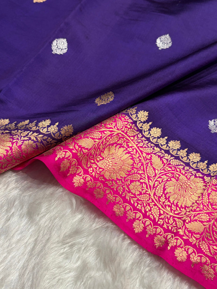 Royal Purple & Rani Pink Contrast Banarasi Silk Saree with Grand Gold Zari Border