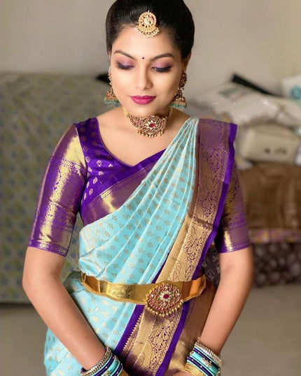 Nirmala - Firozi Soft Banarasi Silk Saree with Purple Jacquard Blouse