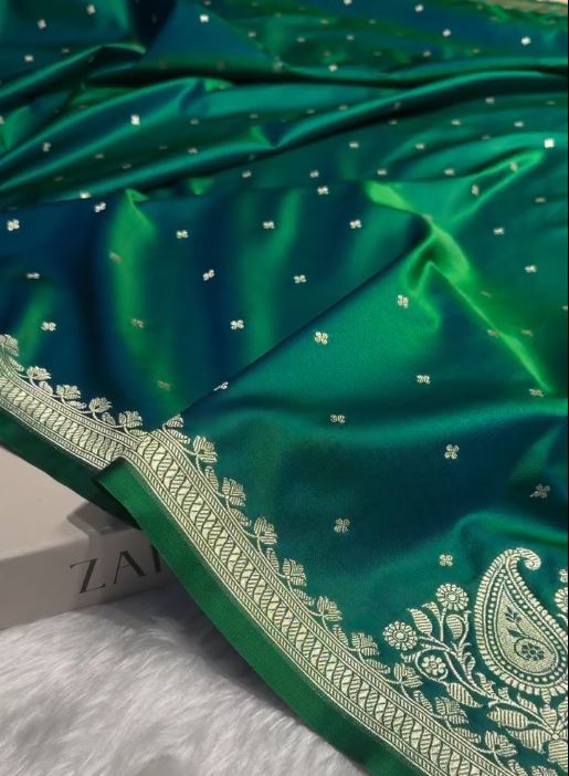 Emerald Green Soft Silk Saree with Silver Zari Butti & Designer Border | Elegant Festive Wear
