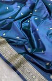 Steel Blue Banarasi Silk Saree with Gold Zari Leaf Buttas