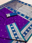Royal Purple Banarasi Silk Saree with Teal Blue Border and Silver Zari Pallu