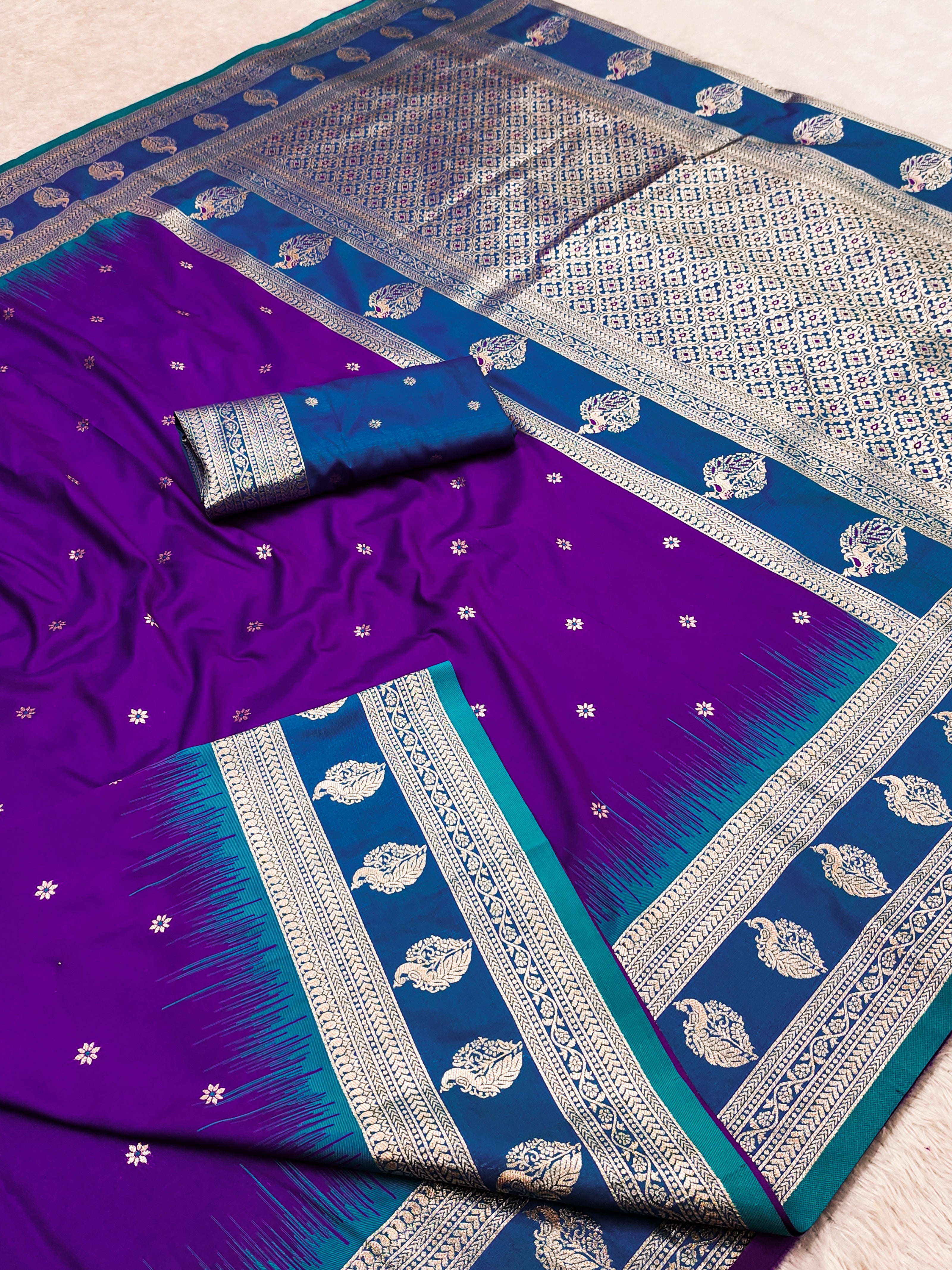 Royal Purple Banarasi Silk Saree with Teal Blue Border and Silver Zari Pallu