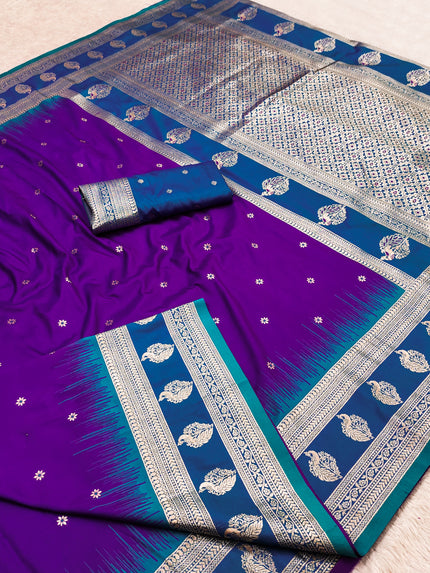 Royal Purple Banarasi Silk Saree with Teal Blue Border and Silver Zari Pallu