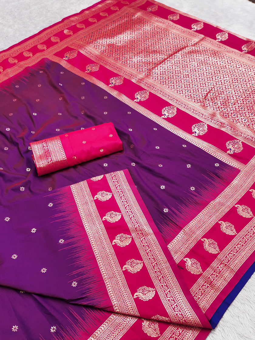 Royal Purple Banarasi Silk Saree with Rani Pink Border and Silver Zari Pallu