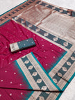 Wine Rani Banarasi Silk Saree with Teal Border and Silver Zari Pallu