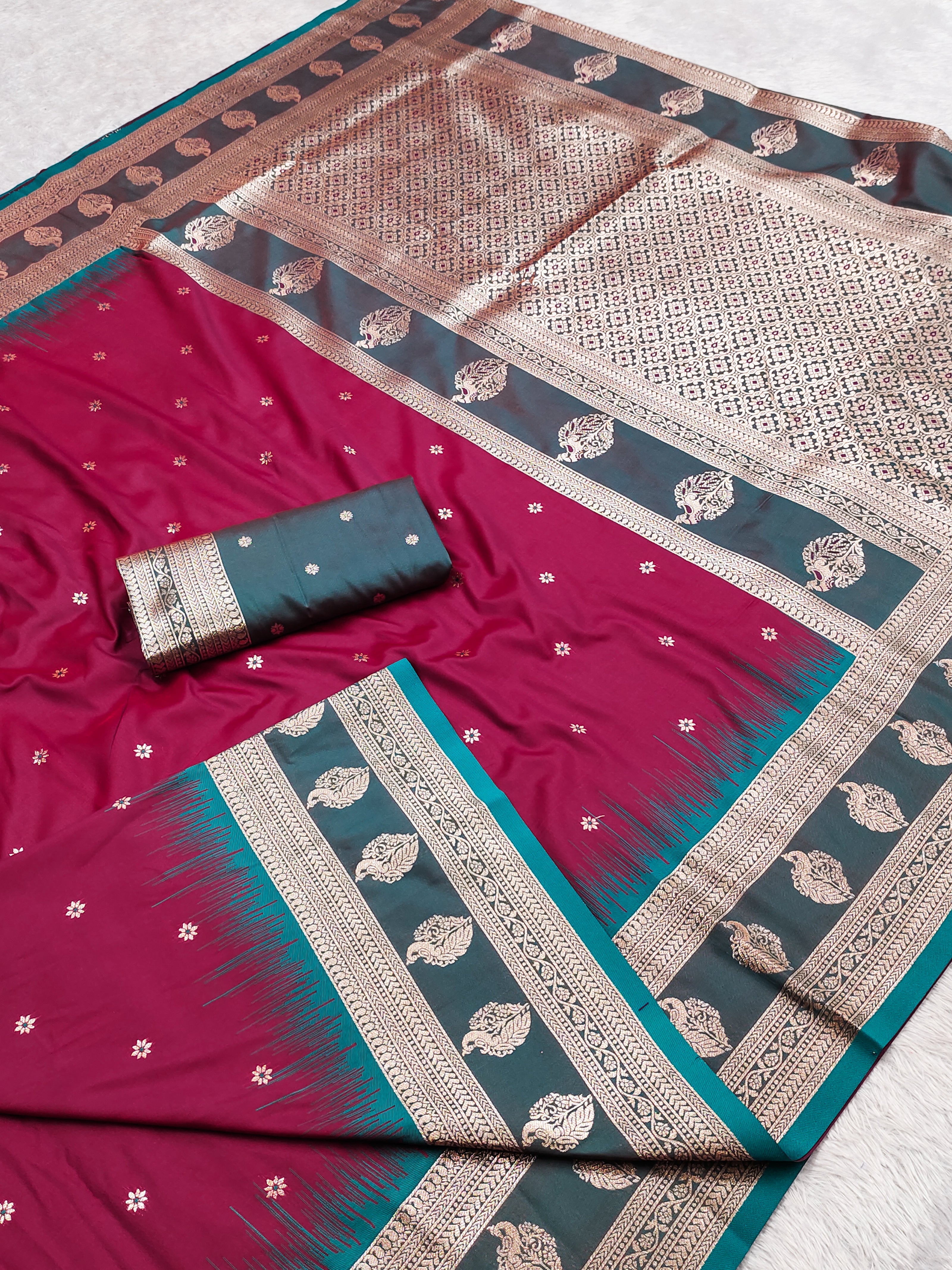 Wine Rani Banarasi Silk Saree with Teal Border and Silver Zari Pallu