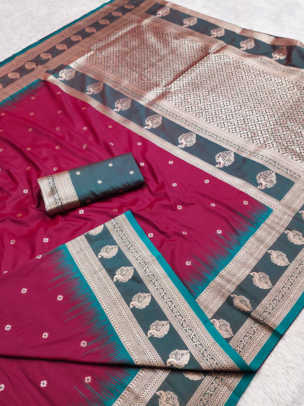 Wine Rani Banarasi Silk Saree with Teal Border and Silver Zari Pallu