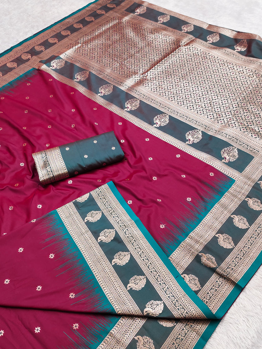 Wine Rani Banarasi Silk Saree with Teal Border and Silver Zari Pallu