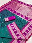 Peacock Green Banarasi Silk Saree with Magenta Border and Silver Zari Pallu
