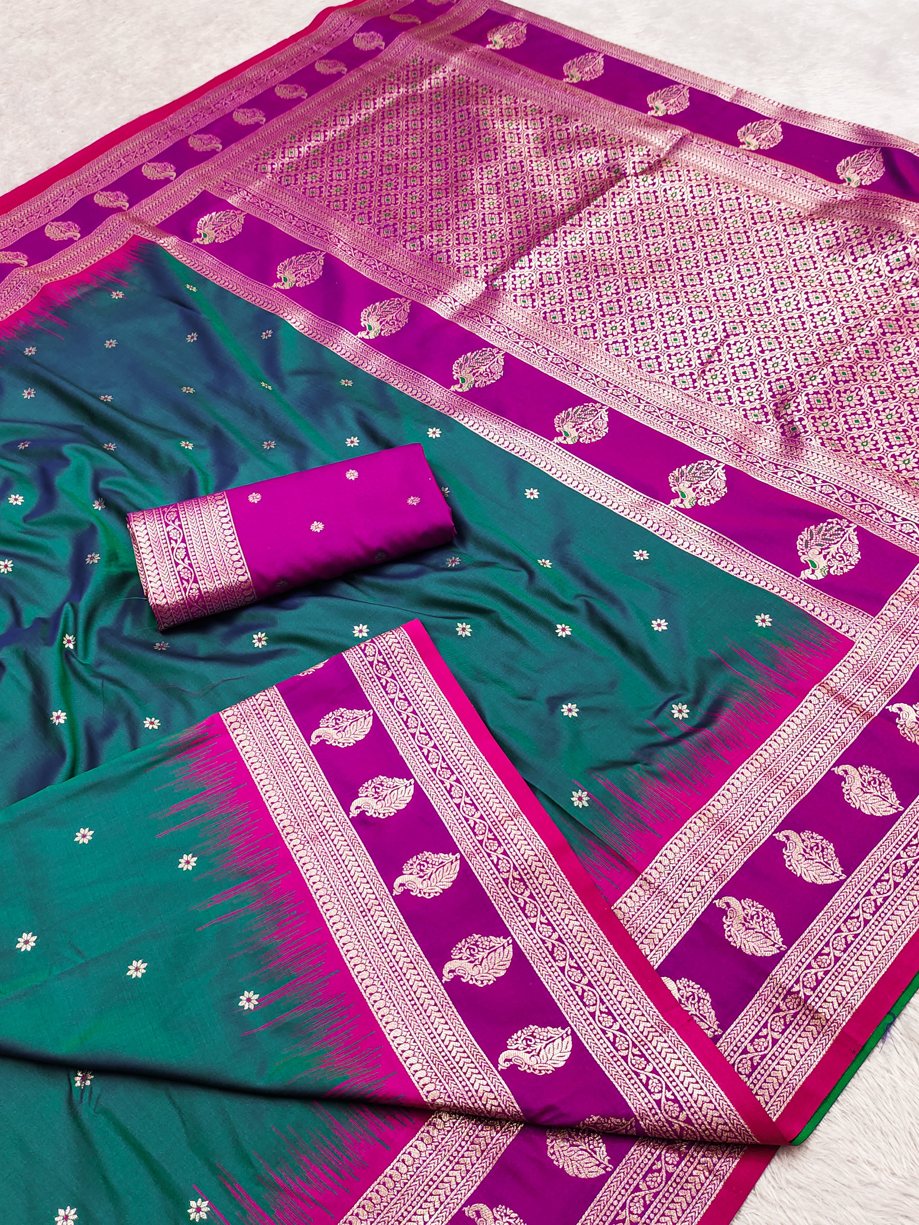Peacock Green Banarasi Silk Saree with Magenta Border and Silver Zari Pallu