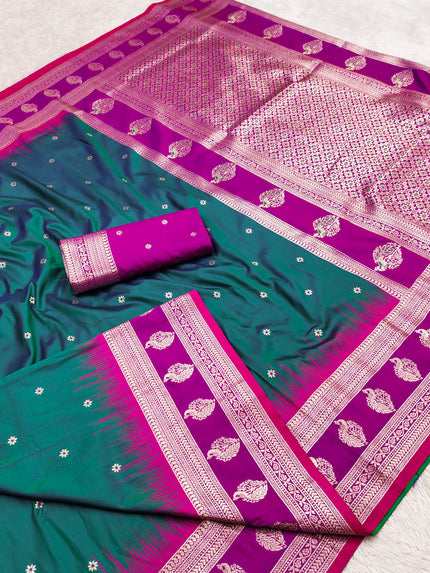 Peacock Green Banarasi Silk Saree with Magenta Border and Silver Zari Pallu