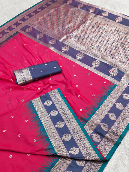 Rani Pink Banarasi Silk Saree with Navy Blue Border and Silver Zari Pallu