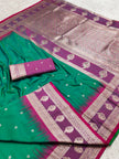 Emerald Green Banarasi Silk Saree with Purple Border and Silver Zari Pallu