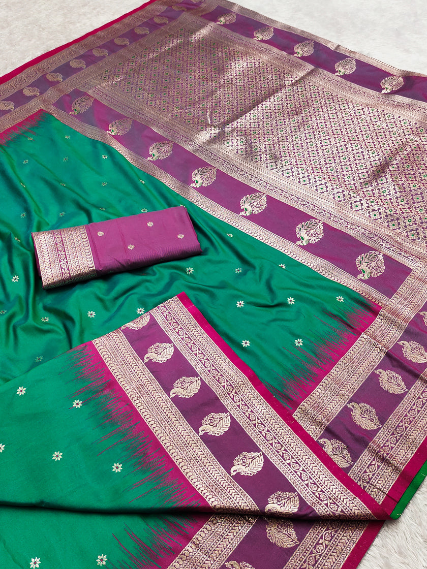 Emerald Green Banarasi Silk Saree with Purple Border and Silver Zari Pallu