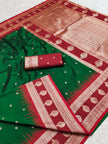 Emerald Green Banarasi Silk Saree with Maroon Border and Silver Zari Pallu