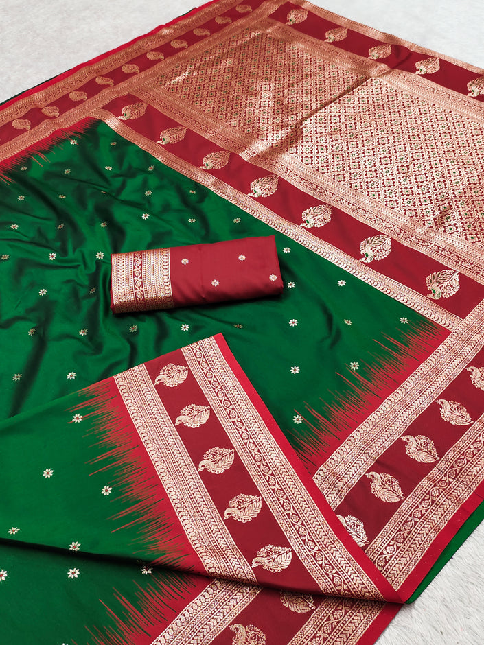 Emerald Green Banarasi Silk Saree with Maroon Border and Silver Zari Pallu