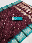 Wine Maroon Silk Saree with Gold Zari Butta & Teal Green Floral Border Pallu