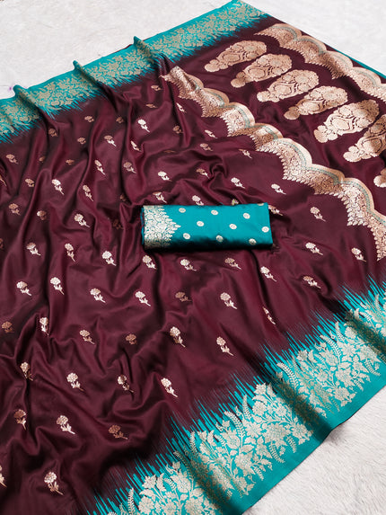 Wine Maroon Silk Saree with Gold Zari Butta & Teal Green Floral Border Pallu