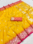 Mustard Yellow Silk Saree with Gold Zari Butta & Rani Pink Floral Border Pallu
