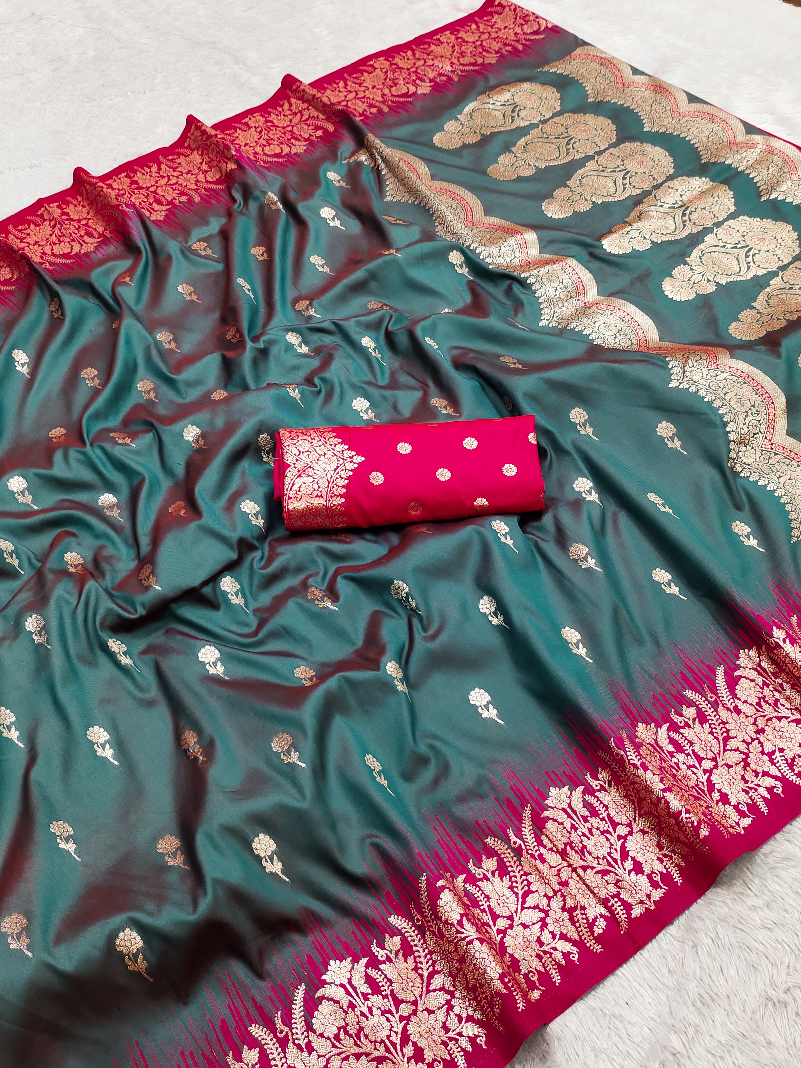 Premium Luxury Teal Green Silk Saree with Rich Rani Pink Zari Border & Royal Designer Pallu