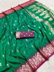 Premium Luxury Emerald Green Silk Saree with Rich Wine Zari Border & Grand Designer Pallu