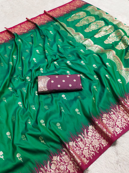 Premium Luxury Emerald Green Silk Saree with Rich Wine Zari Border & Grand Designer Pallu