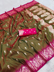 Premium Luxury Olive Green Silk Saree with Rich Pink Zari Border & Designer Pallu