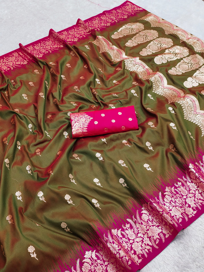 Premium Luxury Olive Green Silk Saree with Rich Pink Zari Border & Designer Pallu