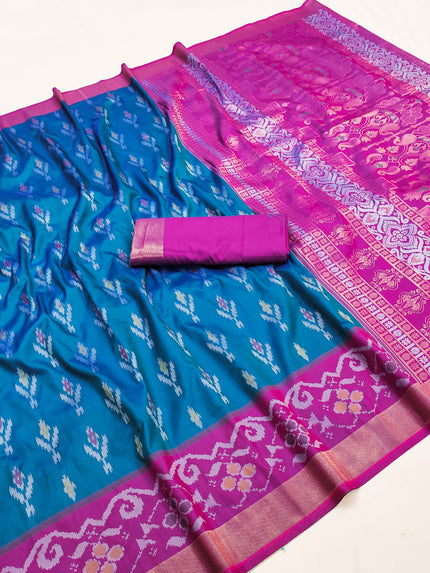 Teal Blue Ikat Silk Saree with Rani Pink Woven Border and Designer Pallu