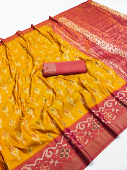 Mustard Yellow Ikat Silk Saree with Maroon Woven Border and Traditional Pallu