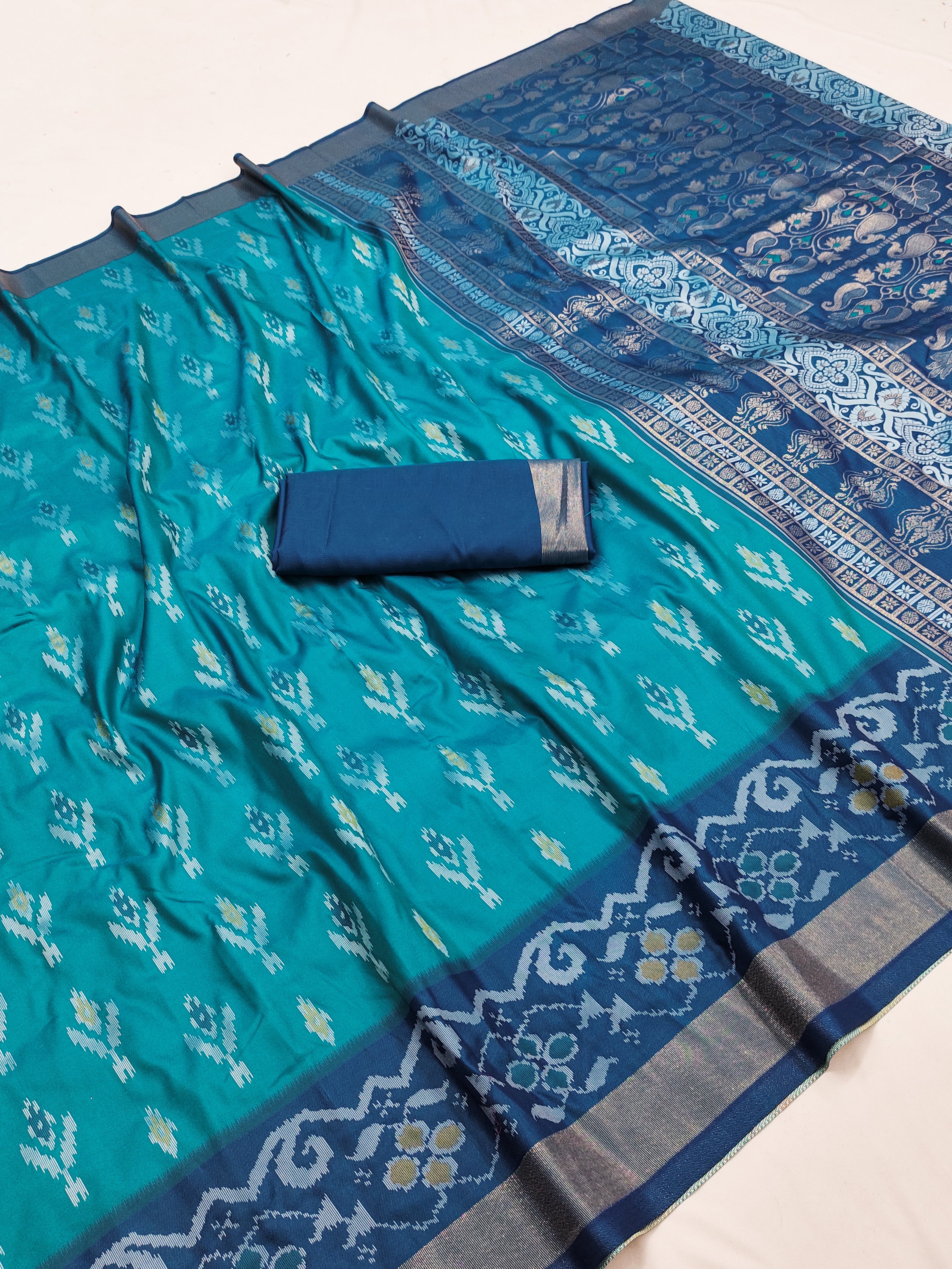 Teal Blue Ikat Silk Saree with Navy Blue Woven Border and Designer Pallu