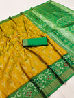 Mustard Yellow Ikat Silk Saree with Green Woven Border and Traditional Pallu