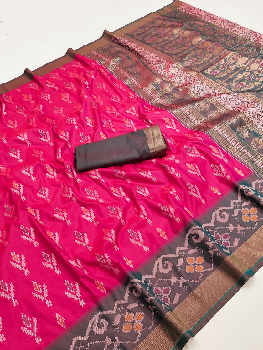 Rani Pink Ikat Silk Saree with Charcoal Grey Woven Border and Designer Pallu
