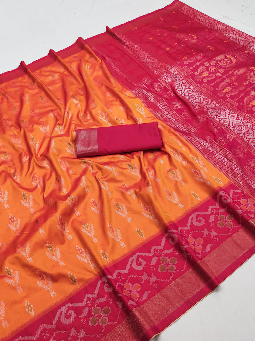 Orange Ikat Silk Saree with Rani Pink Woven Border and Traditional Pallu