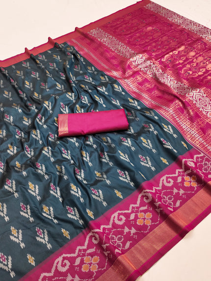 Charcoal Grey Ikat Silk Saree with Rani Pink Woven Border and Designer Pallu