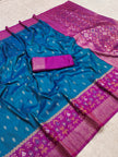 Teal Blue Woven Silk Saree with Magenta Zari Border and Geometric Brocade Pallu