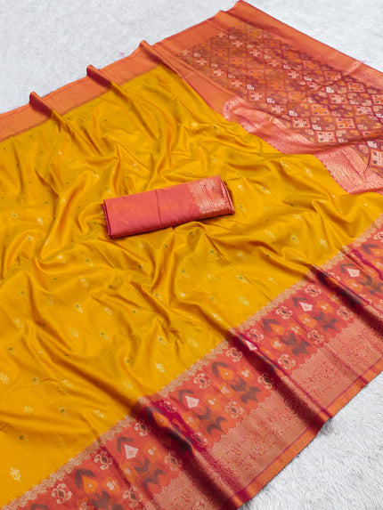 Mustard Yellow Woven Silk Saree with Rust Orange Zari Border and Geometric Brocade Pallu