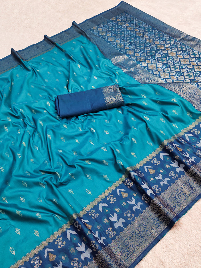 Teal Blue Woven Silk Saree with Navy Zari Border and Geometric Brocade Pallu