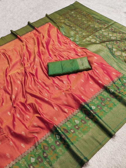 Coral Orange Silk Saree with Green Zari Border and Traditional Brocade Pallu