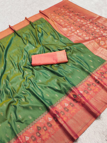 Bottle Green Silk Saree with Coral Zari Border and Traditional Woven Pallu