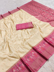 Ivory Silk Saree with Rose Pink Zari Border and Traditional Woven Pallu