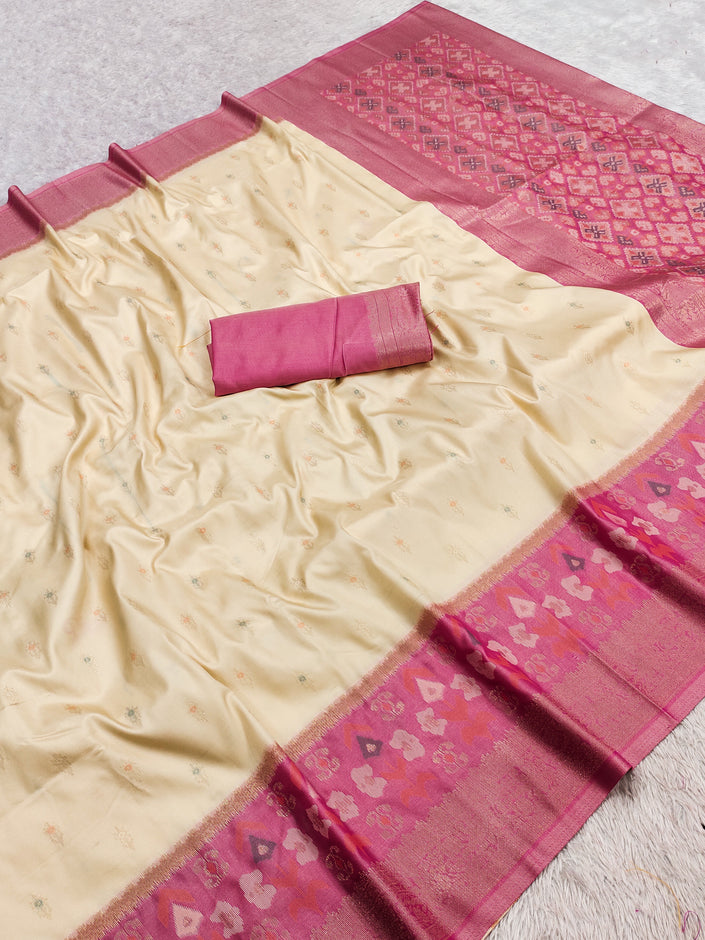 Ivory Silk Saree with Rose Pink Zari Border and Traditional Woven Pallu