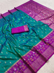 Teal Green Silk Saree with Royal Purple Zari Border and Traditional Woven Pallu