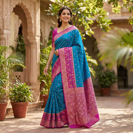 Teal Blue Woven Silk Saree with Magenta Zari Border and Geometric Brocade Pallu