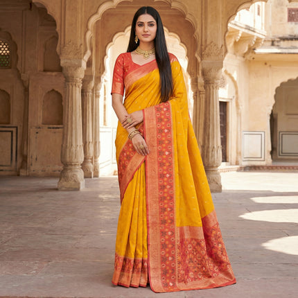 Mustard Yellow Woven Silk Saree with Rust Orange Zari Border and Geometric Brocade Pallu