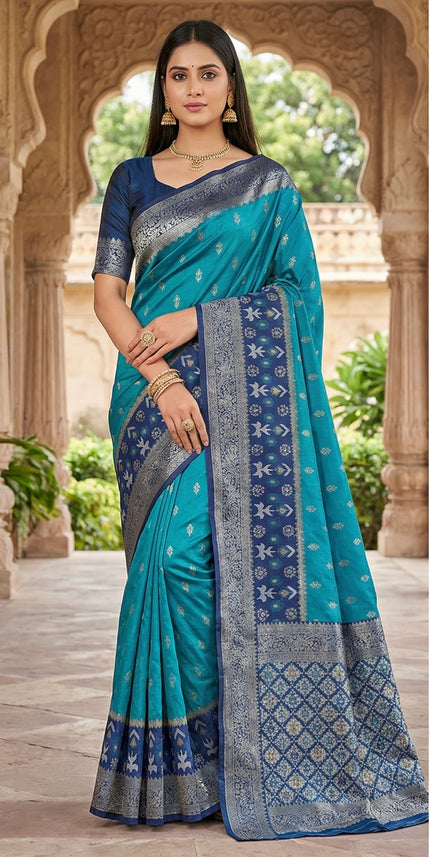 Teal Blue Woven Silk Saree with Navy Zari Border and Geometric Brocade Pallu